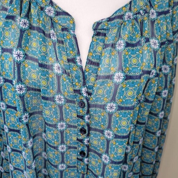 Liz Claiborne Green Blue Print Popover 3/4 Sleeve Boho Chiffon Blouse Women SZ L - Picture 9 of 13
